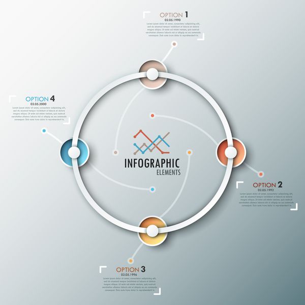 الگوی پردازش اینفوگرافیک مدرن با دایره های کاغذی رنگارنگ واقعی برای 4 مرحله بردار می تواند برای طراحی وب و طرح گردش کار استفاده شود