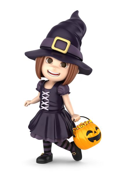رندر سه بعدی دختری که لباس جادوگر هالووین پوشیده است