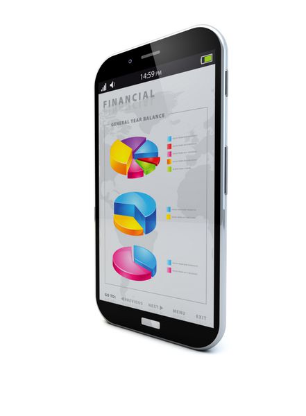 رندر یک گوشی هوشمند با برنامه های مالی روی صفحه نمایش
