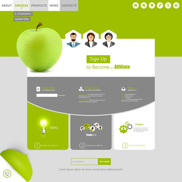 طراحی وب سایت به سبک تخت مدرن با تصاویر سیب سبز وکتور