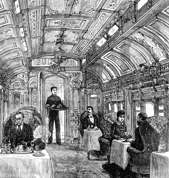 ماشین های راه آهن اقیانوس آرام ماشین غذاخوری تصویر حکاکی شده قدیمی journal des voyages travel journal 1879-80