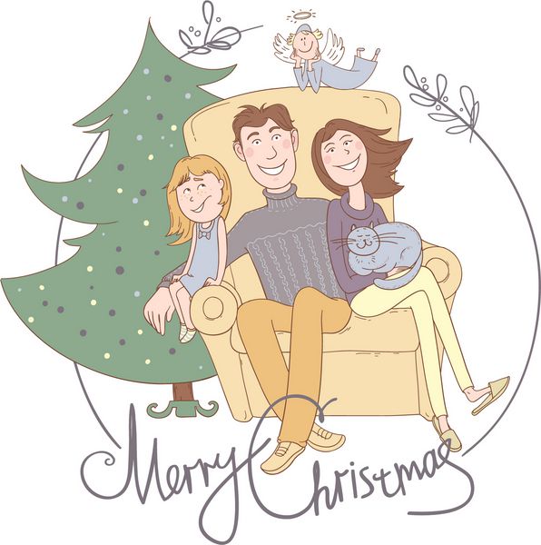 کارت کریسمس با خانواده و درخت کریسمس