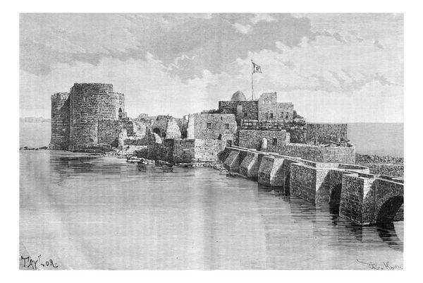 پلی که شهر را به قلعه دریای صیدون در صیدون لبنان وصل می کند تصویر حکاکی شده قدیمی le tour du monde مجله مسافرتی 1881