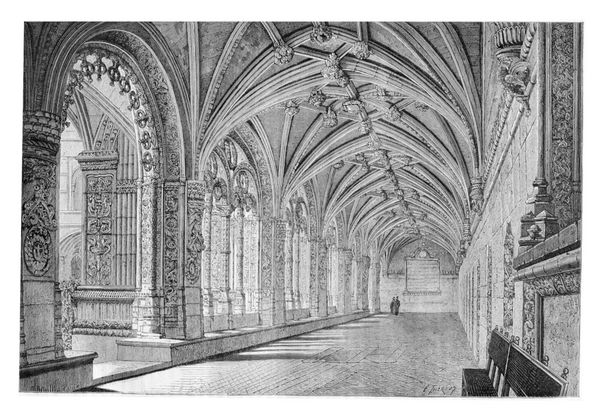 صومعه سانتا ماریا د بلم در لیسبون پرتغال طراحی توسط تروند بر اساس یک پوگراف تصویر حکاکی قدیمی le tour du monde مجله مسافرتی 1881