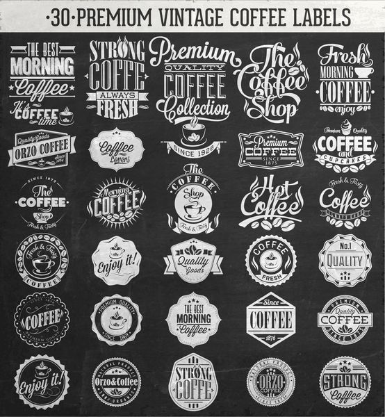 مجموعه ای از برچسب های قهوه قدیمی قدیمی روی تخته سیاه مجموعه دکوراسیون قهوه مجموعه ای از عناصر خوشنویسی و تایپوگرافی با طراحی سبک قاب برچسب های قدیمی بردار