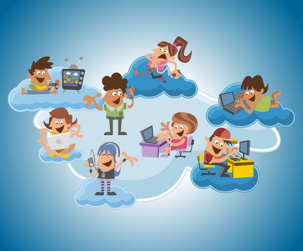 گروهی از افراد کارتونی شاد و بامزه بر فراز محاسبات ابری