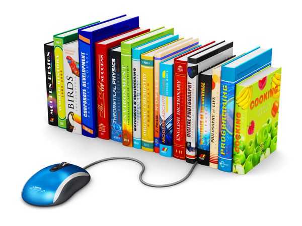 آموزش الکترونیکی خلاقانه انتزاعی آموزش آنلاین و مفهوم دفتر کسب و کار کتابخانه اینترنتی ماوس رایانه شخصی متصل به پشته ای از کتاب های گالینگور رنگی جدا شده در پس زمینه سفید