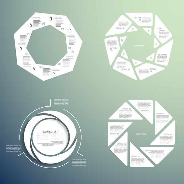 مجموعه اینفوگرافیک برداری مفهوم تجاری با سه هفت هشت گزینه