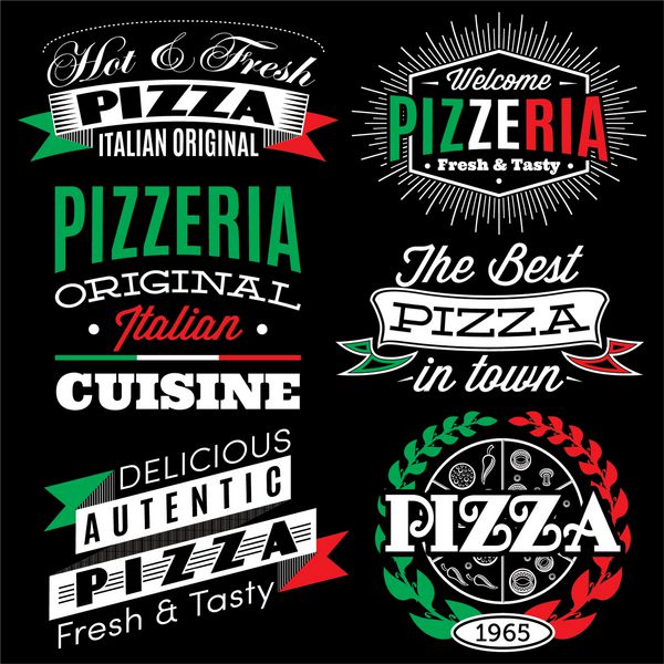 مجموعه ای از نشان ها با کتیبه برای منوی پیتزا