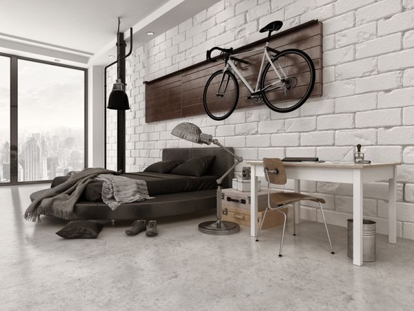 رندر سه بعدی اتاق خواب مدرن به سبک شیروانی در آپارتمان با دیوار آجری نمایان میز و دوچرخه آویزان