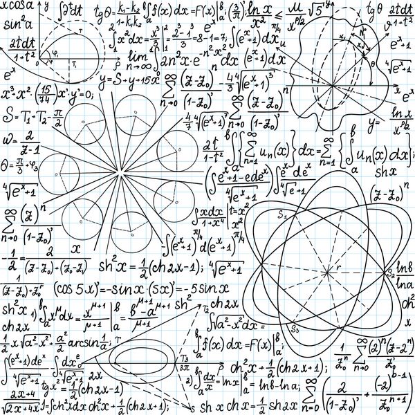 بردار ریاضی الگوی بدون درز با شکل‌ها فرمول‌ها و معادلات دست‌نویس بر روی کاغذ کتاب کپی شما می توانید از هر رنگ پس زمینه استفاده کنید