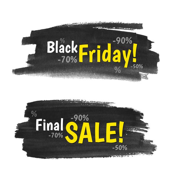 مجموعه دو بنر فروش جمعه سیاه با لکه های رنگ مشکی برای تبلیغات شما وکتور