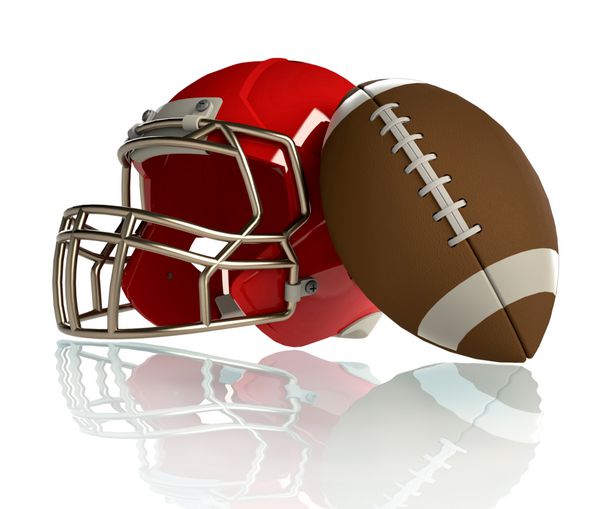 کلاه و توپ قرمز برای بازی فوتبال آمریکایی جدا شده در پس زمینه سفید