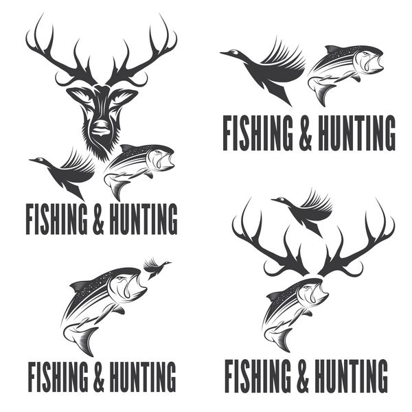 مجموعه ای از برچسب های قدیمی شکار و ماهیگیری و عناصر طراحی