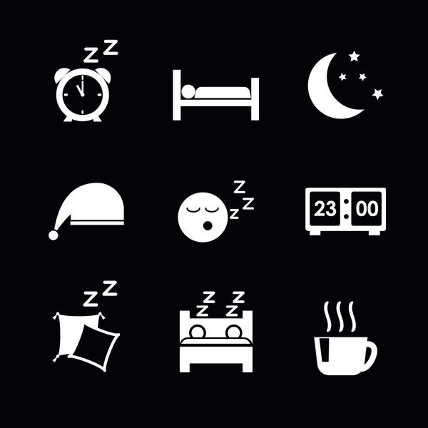 مجموعه نمادهای مفهوم خواب بردار تختخواب ماه ساعت بالش zzz فنجان قهوه یا چای جدا شده روی سیاه