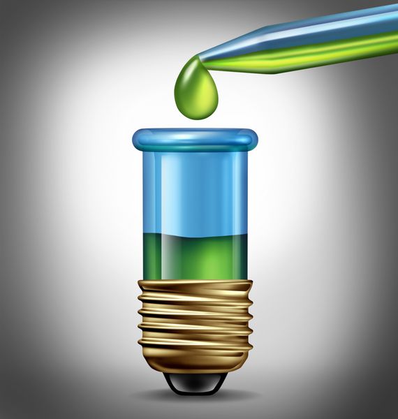 ایده های تحقیقاتی علمی به عنوان یک مفهوم بیوتکنولوژی با یک آزمایشگاه یک قطره چشم با مایع سبز رنگ و یک لیوان شیشه ای لوله آزمایش به شکل یک لامپ به عنوان نمادی از شیمی بسیار