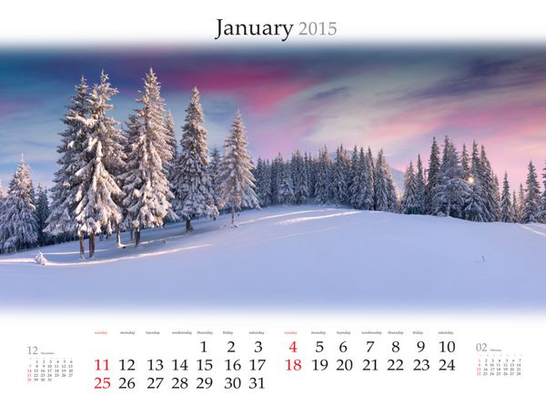 تقویم 2015 ژانویه چشم انداز زیبای زمستانی در کوهستان