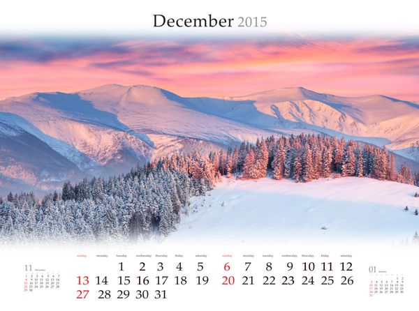 تقویم 2015 دسامبر چشم انداز زیبای زمستانی در کوهستان