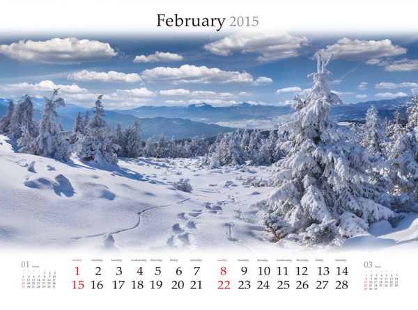 تقویم 2015 فوریه چشم انداز زیبای زمستانی در کوهستان