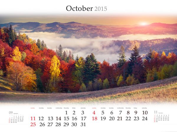 تقویم 2015 اکتبر طلوع رنگارنگ پاییزی در کوهستان