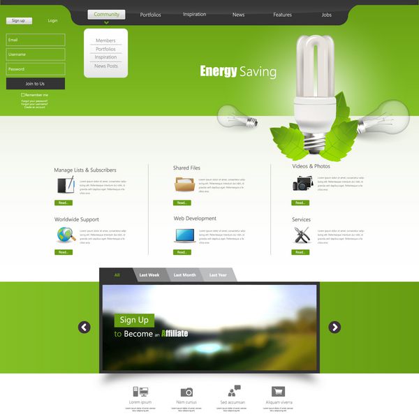 قالب وب سایت وکتور سبز با لامپ موضوع صرفه جویی در انرژی