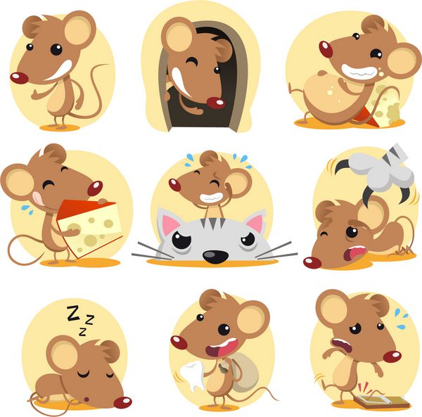 کارتون موش قهوه ای ناز در مجموعه اکشن با 9 موش مختلف در موقعیت های مختلف مانند با اعتماد به نفس ایستاده پنهان شدن در سوراخ خوردن پنیر با پرنده خوابیدن و گرفتار شدن در تله موش