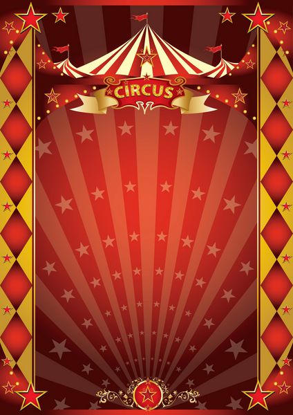 پوستر لوزی قرمز و طلایی سیرک پوستر سیرک رترو با پرتوهای خورشید برای سرگرمی شما
