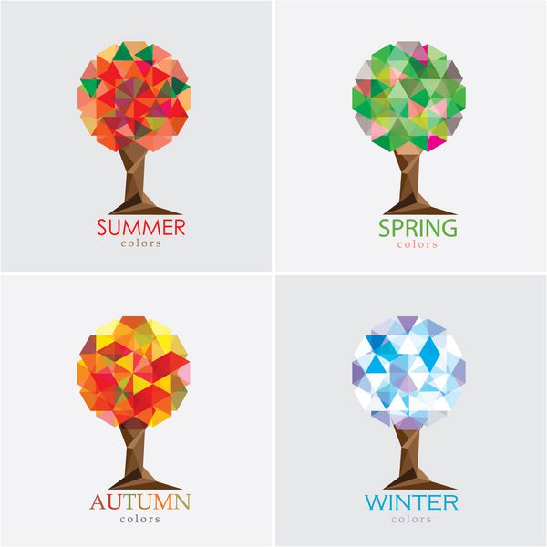 تصویر وکتور درخت چهار فصل - مجموعه مجموعه سبک چند ضلعی مدرن