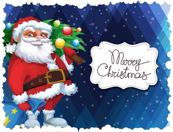 کارت کریسمس مبارک با بابا نوئل که درخت و هدایایی در دست دارد
