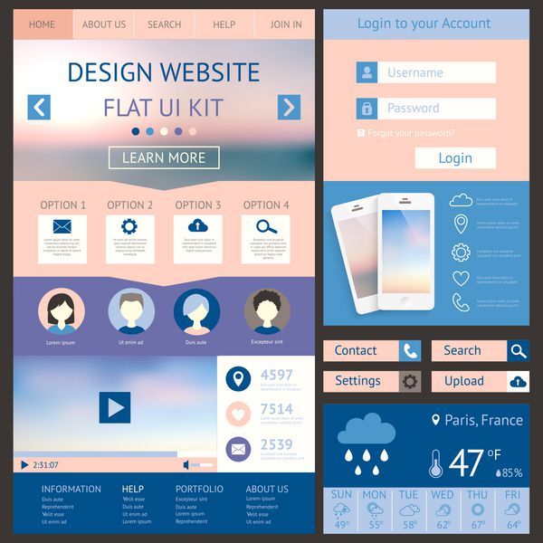 قالب طراحی یک صفحه وب سایت کیت رابط کاربری مسطح همه در یک مجموعه برای طراحی وب سایت وکتور