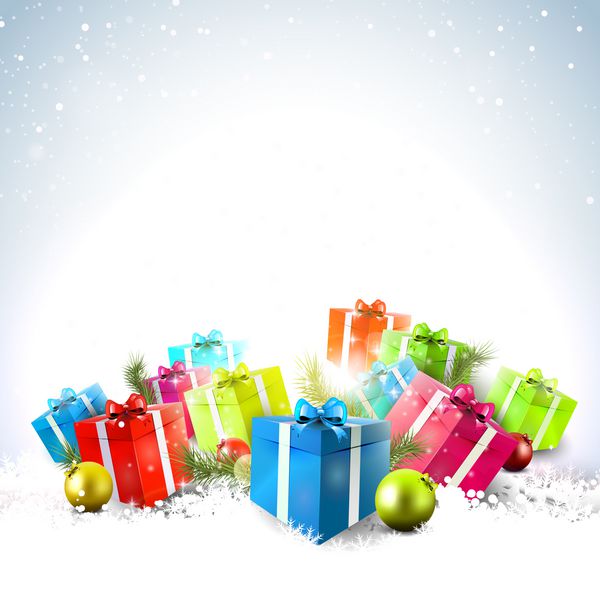 جعبه های هدیه رنگارنگ در برف - پس زمینه کریسمس