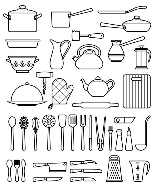 مجموعه ای از ظروف آشپزخانه سیلوئت و مجموعه ای از نمادهای ظروف آشپزی ابزار پخت و پز و تجهیزات آشپزخانه