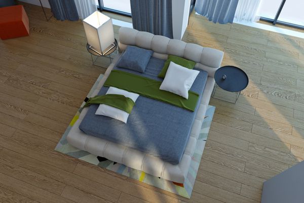 رندر سه بعدی اتاق خواب بزرگ معاصر با رنگ های روشن