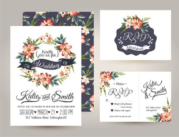 مجموعه کارت دعوت عروسی با الگوهای گل دیزی