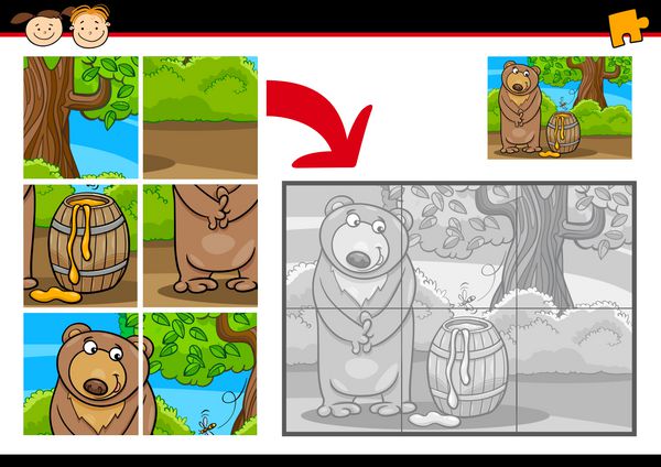 وکتور کارتونی آموزش بازی پازل اره منبت کاری اره مویی برای کودکان پیش دبستانی با حیوان خرس خنده دار
