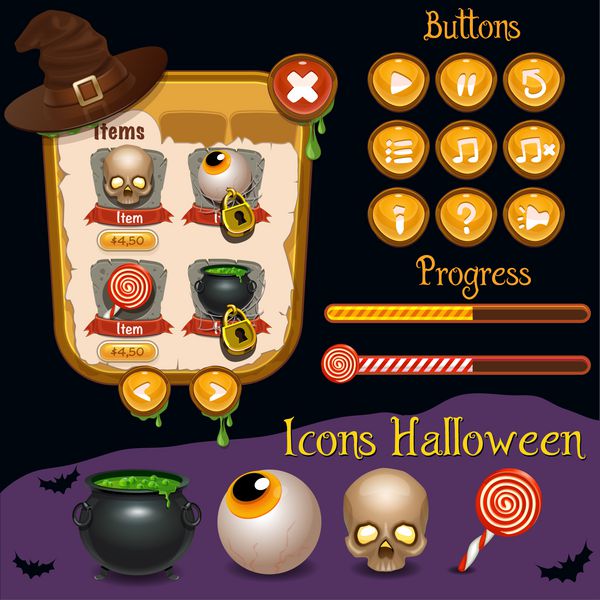 وکتور طراحی بازی هالووین آیکون های پیشرفت و منابع برای بازی ها