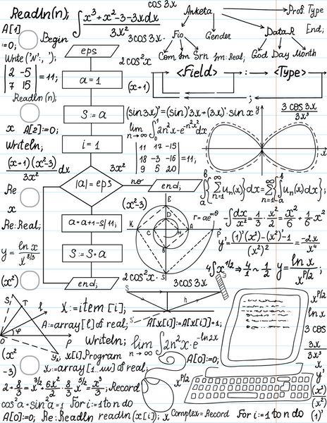 الگوی بدون درز وکتور با فرمول های ریاضی و کد برنامه نویسی دست نویس بر روی صفحه کاغذ خطی