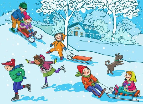 کودکان با برف فصل کریسمس فعالیت های زمستانی اشیاء جدا شده در پس زمینه زمستان برفی تصویرسازی عالی برای کتاب های مدرسه و موارد دیگر بردار