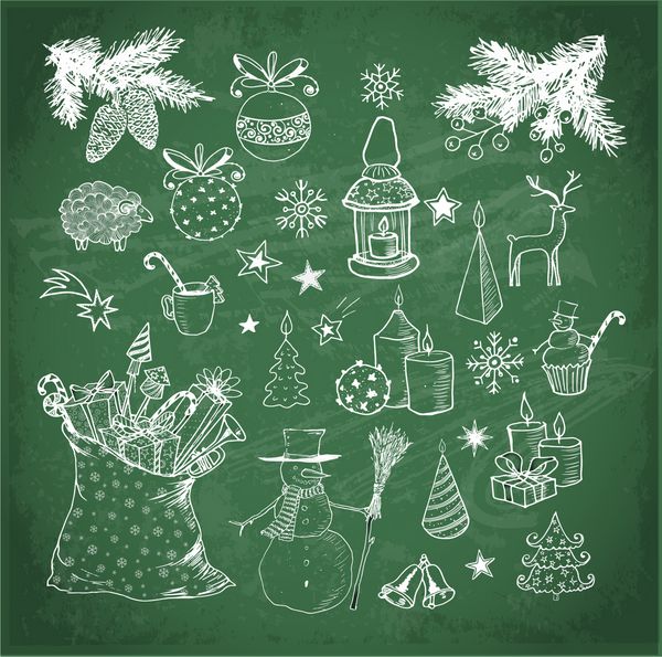 مجموعه ای از عناصر طرح دار کریسمس با دست طراحی شده روی تخته سیاه وکتور طرح ابله شمع جعبه هدیه آدم برفی ها پوماندرها