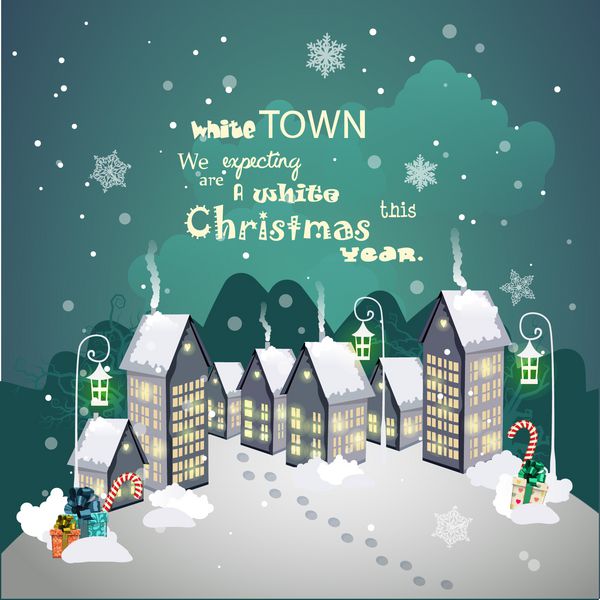 کارت کلاسیک کریسمس با شهر سفید و بارش برف وکتور دقیق سال نو