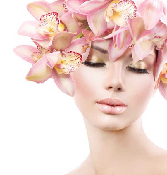 مدل زیبایی مد دختر با موهای گل ارکیده زن آبگرم عروس آرایش خلاقانه و مدل مو مدل مو آرایش دسته گل زیبا روی سر خانم