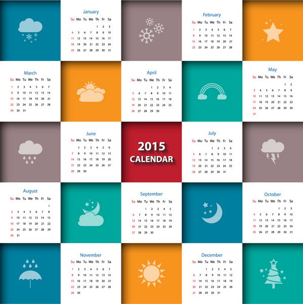 الگوی تقویم 2015 با نماد آب و هوا وکتور