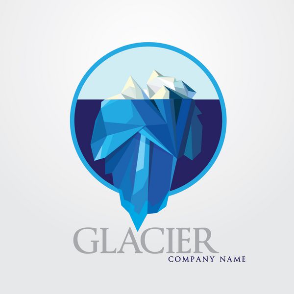 تصویر آرم شرکت تجاری- کوه یخ آبی- نماد گرد با یخچال زیر آب