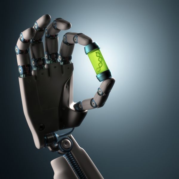 دست روباتیکی که یک لوله آزمایش با DNA داخل آن در دست دارد مفهوم فناوری دستکاری زندگی ارگانیک مسیر برش گنجانده شده است