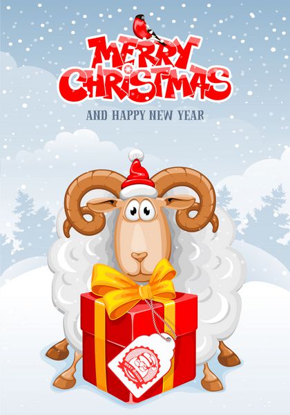 کارت تبریک کریسمس با گوسفند ناز نماد سال 2015 و جعبه هدیه در پس زمینه چشم انداز زمستانی