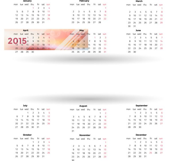 تقویم سال 2015 هفته ها از دوشنبه شروع می شوند