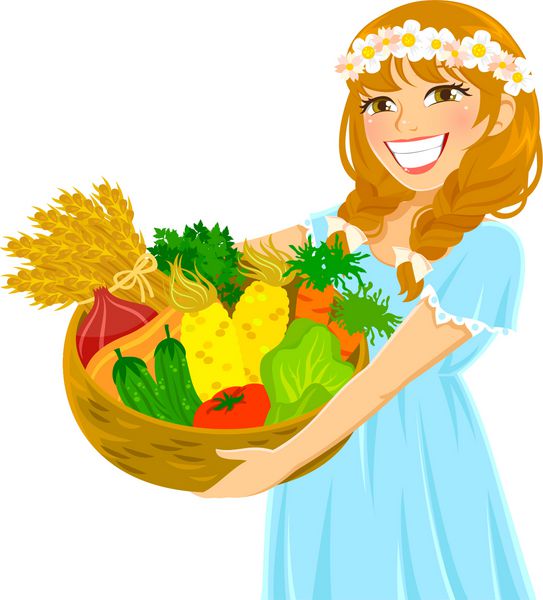 دختر جوانی که سبدی از سبزیجات تازه در دست دارد