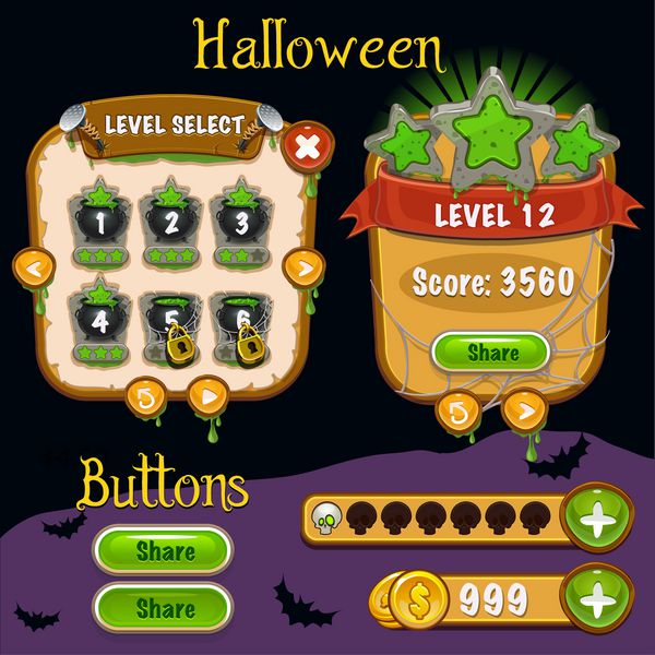 طراحی بازی interf آیکون های پیشرفت و منابع برای بازی ها وکتور -هالووین