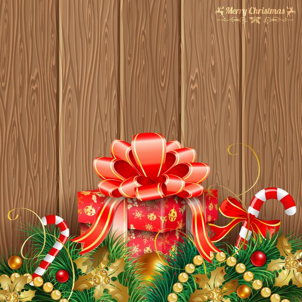 تم کریسمس با تخته های چوبی هدیه شاخه های صنوبر استریمر طلا و آب نبات پس زمینه وکتور