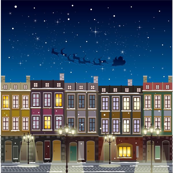 پس زمینه خیابانی قدیمی کریسمس در شب بابا نوئل پرواز می کند